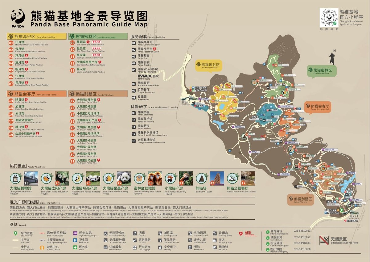 Official panoramic guide map of the Chengdu Panda Base showing its four zones, pavilions, gates and sightseeing bus route