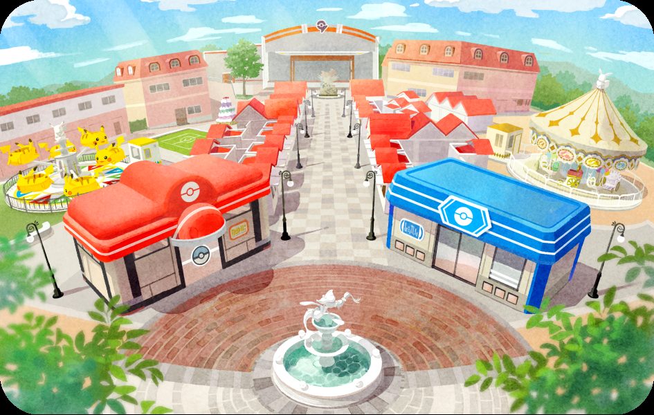 Official artwork of Sedge Town (Kayatsuri Town) at PokéPark KANTO, with its Pokémon Center and market square